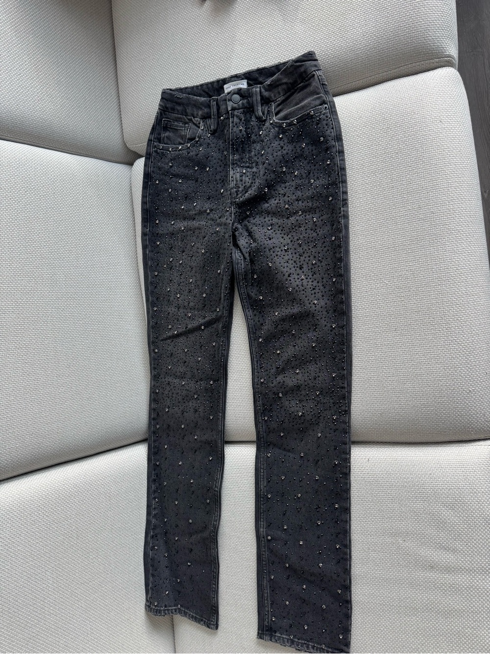 Good American Crystal Embellished Straight Leg Jeans — Black Wash — Sz 2/26